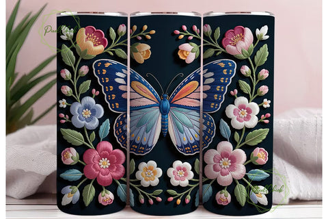 Embroidered Floral Butterfly Tumbler Sublimation PixelChick 