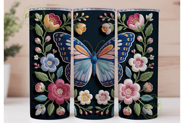 Embroidered Floral Butterfly Tumbler Sublimation PixelChick 
