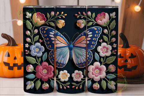 Embroidered Floral Butterfly Tumbler Sublimation PixelChick 