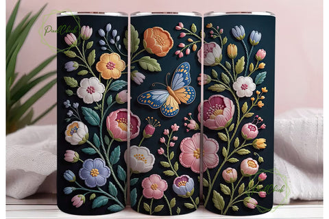 Embroidered Floral Butterfly Tumbler Sublimation PixelChick 