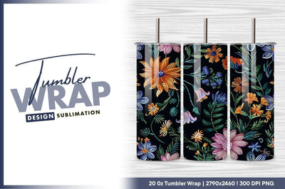 Embroidered Floral Pattern with Orange Pink Blue and Green Flowers on Black Sublimation Regulrcrative 