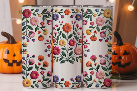 Embroidered Floral Tumbler Wrap PNG Sublimation PixelChick 