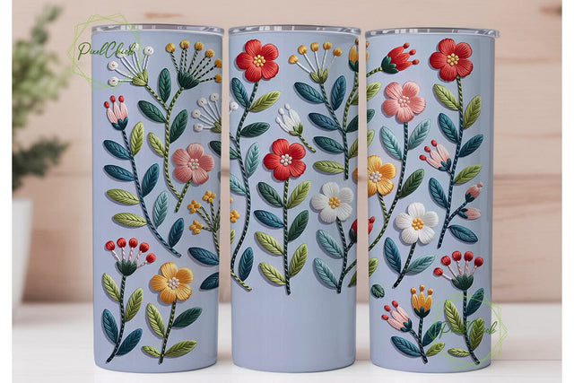 Embroidered Floral Tumbler Wrap PNG Sublimation PixelChick 
