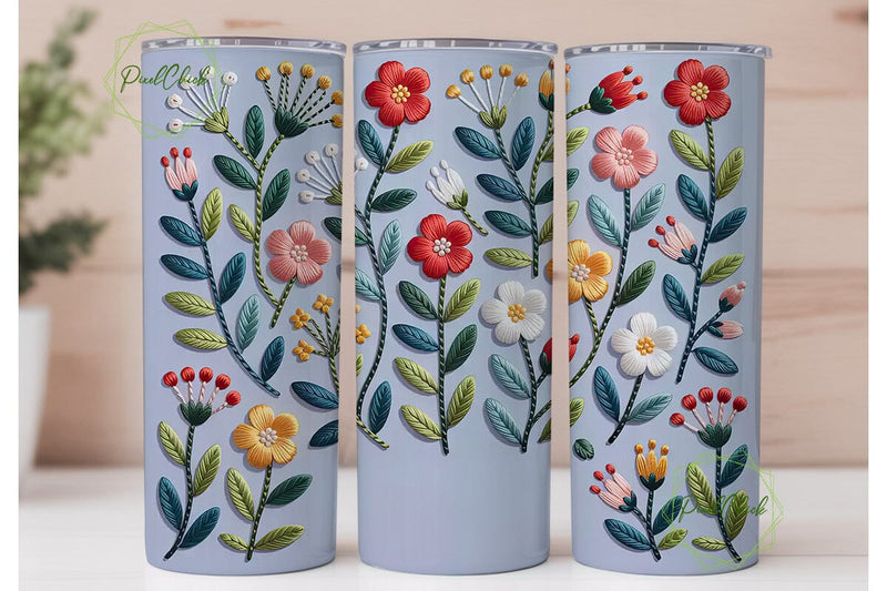 Embroidered Floral Tumbler Wrap PNG Sublimation PixelChick 