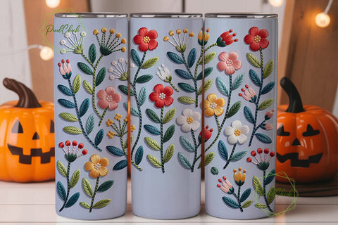Embroidered Floral Tumbler Wrap PNG Sublimation PixelChick 