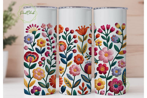 Embroidered Floral Tumbler Wrap PNG Sublimation PixelChick 