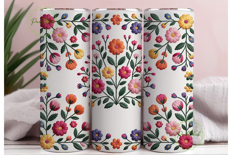 Embroidered Floral Tumbler Wrap PNG Sublimation PixelChick 