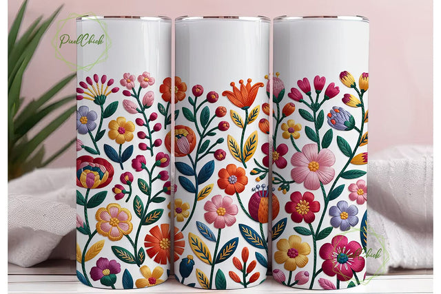 Embroidered Floral Tumbler Wrap PNG Sublimation PixelChick 