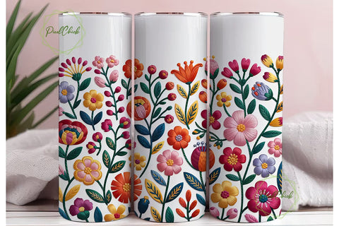 Embroidered Floral Tumbler Wrap PNG Sublimation PixelChick 