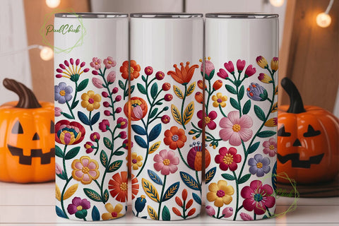 Embroidered Floral Tumbler Wrap PNG Sublimation PixelChick 