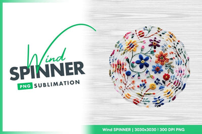 Embroidered Floral Wind Spinner Round Png Design on White Wood Background Sublimation Regulrcrative 
