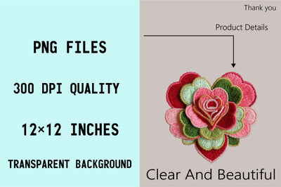 Embroidered heart-shaped rose Sublimation SVGArt 