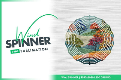 Embroidered Landscape Wind Spinner Round Png Design with Trees and Hills Sublimation Regulrcrative 