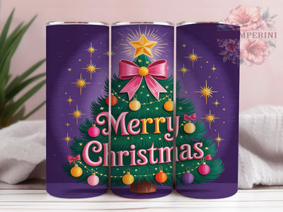 Embroidered Merry Christmas Tumbler, Merry Christmas Wrap, Stitched Holiday Design, Sublimation Cup, 20oz Skinny Tumbler, Embroidered Tree Drinkware, Festive Stitch Style Sublimation Li Zamperini 