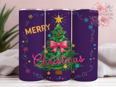 Embroidered Merry Christmas Tumbler, Merry Christmas Wrap, Stitched Holiday Design, Sublimation Cup, 20oz Skinny Tumbler, Embroidered Tree Drinkware, Festive Stitch Style Sublimation Li Zamperini 