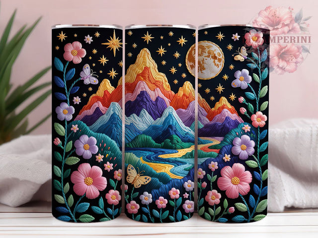 Embroidered Mountain Nature Tumbler, Nature Wrap, Scenic Design, Sublimation Art, 20oz Tumbler, Elegant Style, Outdoor Theme Sublimation Li Zamperini 