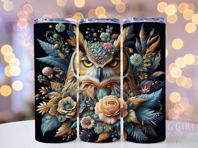 Embroidered Nocturnal Owl Tumbler, Bird Art, Nocturnal Theme, Sublimation Art, 20oz Tumbler, Elegant Wrap, Nature Design Sublimation SvggirlplusArt 