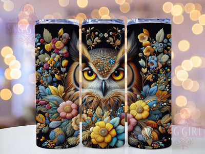 Embroidered Nocturnal Owl Tumbler, Bird Art, Nocturnal Theme, Sublimation Art, 20oz Tumbler, Elegant Wrap, Nature Design Sublimation SvggirlplusArt 