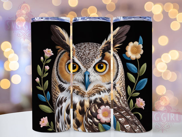 Embroidered Nocturnal Owl Tumbler, Bird Art, Nocturnal Theme, Sublimation Art, 20oz Tumbler, Elegant Wrap, Nature Design Sublimation SvggirlplusArt 