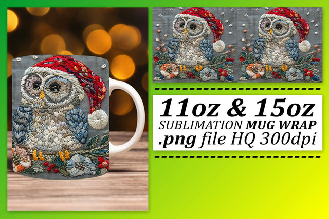 Embroidered Owl Christmas Mug Wrap 11oz 15oz Design Sublimation afrosvg 