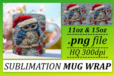 Embroidered Owl Christmas Mug Wrap Holiday 11oz 15oz Sublimation afrosvg 