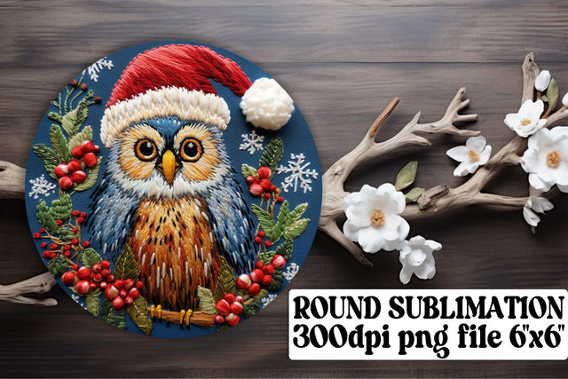 Embroidered Owl Christmas Round Design Sublimation afrosvg 