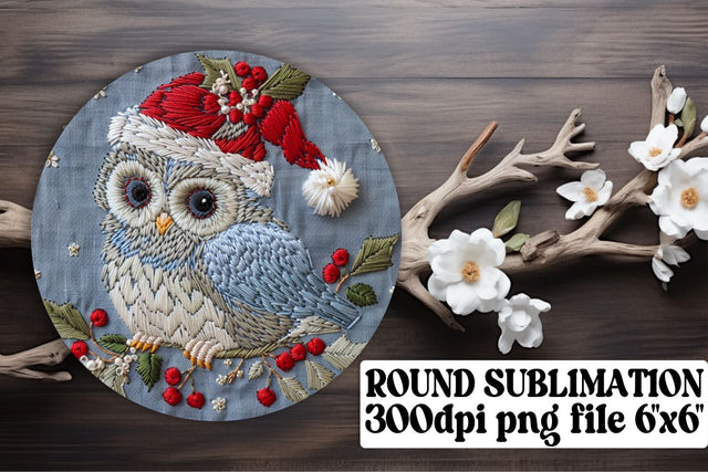 Embroidered Owl Christmas Round Design Sublimation afrosvg 