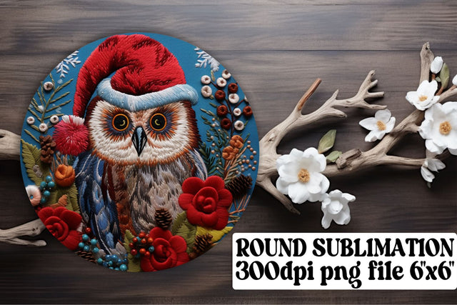 Embroidered Owl Christmas Round Design Sublimation afrosvg 