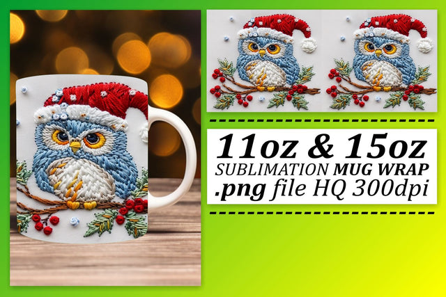 Embroidered Owl Wrap 11oz 15oz Mug Christmas Design Sublimation afrosvg 