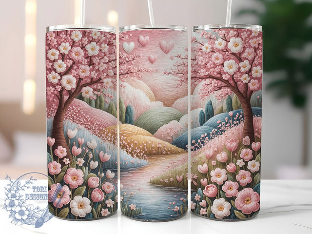 Embroidered Spring Floral Landscape Tumbler, Spring Landscape Tumbler, Pink Flowers Wrap, Whimsical Spring Wrap, Elegant Floral Wrap, Sublimation Design, Trendy Gift Idea Sublimation ToriDesigns 