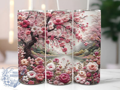 Embroidered Spring Floral Landscape Tumbler, Spring Landscape Tumbler, Pink Flowers Wrap, Whimsical Spring Wrap, Elegant Floral Wrap, Sublimation Design, Trendy Gift Idea Sublimation ToriDesigns 