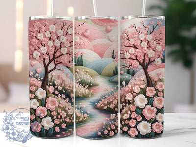 Embroidered Spring Floral Landscape Tumbler, Spring Landscape Tumbler, Pink Flowers Wrap, Whimsical Spring Wrap, Elegant Floral Wrap, Sublimation Design, Trendy Gift Idea Sublimation ToriDesigns 