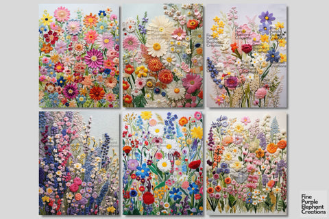 Embroidered Spring Flowers Digital Junk Journal Kit Half Pages | Cute Pastel Digital Pattern Fine Purple Elephant Creations 