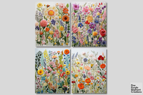 Embroidered Spring Flowers Digital Junk Journal Kit Half Pages | Cute Pastel Digital Pattern Fine Purple Elephant Creations 