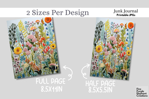 Embroidered Spring Flowers Digital Junk Journal Kit Half Pages | Cute Pastel Digital Pattern Fine Purple Elephant Creations 