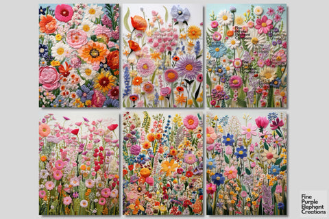 Embroidered Spring Flowers Digital Junk Journal Kit Half Pages | Cute Pastel Digital Pattern Fine Purple Elephant Creations 