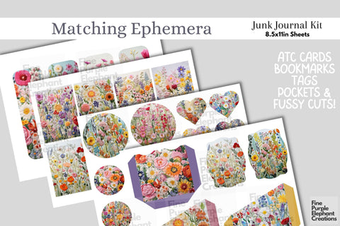 Embroidered Spring Flowers Digital Junk Journal Kit Half Pages | Cute Pastel Digital Pattern Fine Purple Elephant Creations 