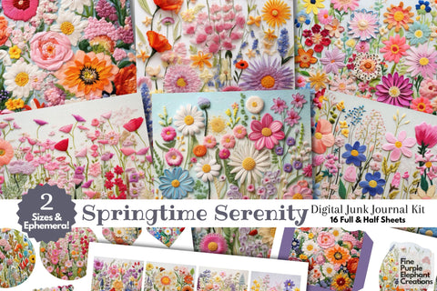 Embroidered Spring Flowers Digital Junk Journal Kit Half Pages | Cute Pastel Digital Pattern Fine Purple Elephant Creations 