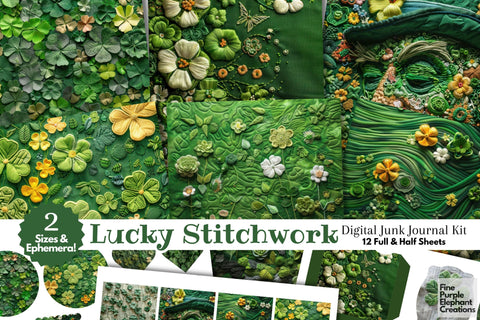 Embroidered St. Patrick's Day Digital Junk Journal Kit Half Pages Digital Pattern Fine Purple Elephant Creations 