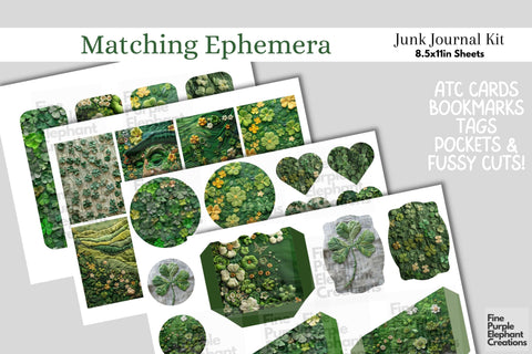Embroidered St. Patrick's Day Digital Junk Journal Kit Half Pages Digital Pattern Fine Purple Elephant Creations 