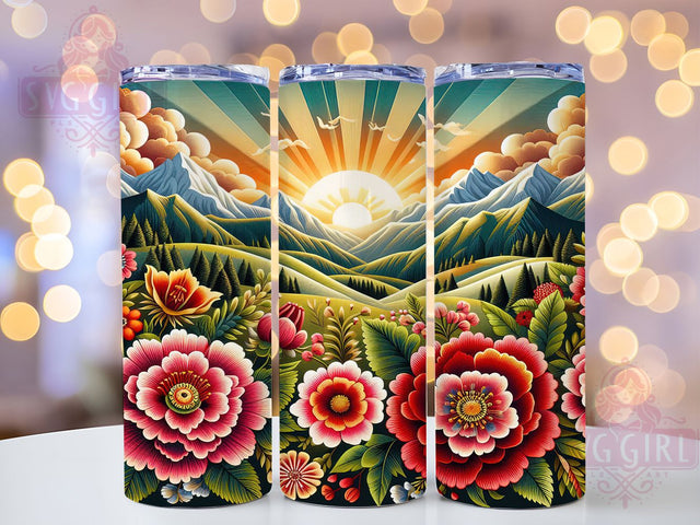 Embroidered Sunset Mountain Tumbler, Sunset Landscape, Scenic Wrap, Sublimation Art, 20oz Tumbler, Elegant Design, Nature Theme Sublimation SvggirlplusArt 