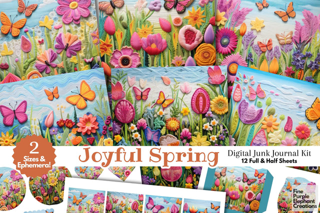 Embroidered Sunshine Meadow Digital Junk Journal Kit Half Pages | Spring Summer Flower Floral Digital Pattern Fine Purple Elephant Creations 