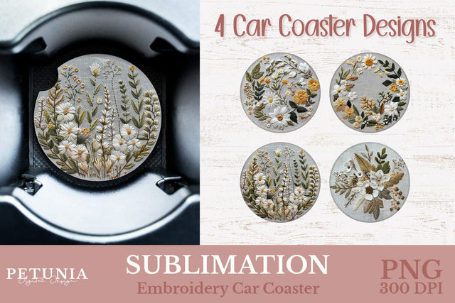Embroidery Car Coaster PNG | Car Coaster Sublimation Designs Sublimation Petunia Digital Design 