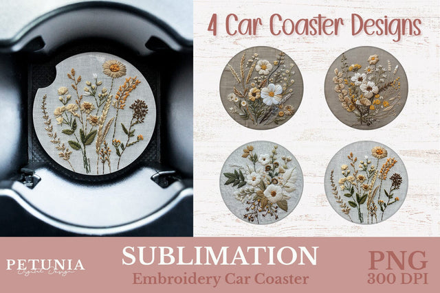 Embroidery Car Coaster PNG | Car Coaster Sublimation Designs Sublimation Petunia Digital Design 
