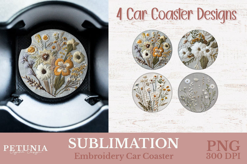 Embroidery Car Coaster PNG | Car Coaster Sublimation Designs Sublimation Petunia Digital Design 