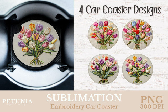Embroidery Car Coaster PNG | Car Coaster Sublimation Designs Sublimation Petunia Digital Design 