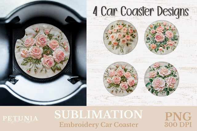 Embroidery Car Coaster PNG | Car Coaster Sublimation Designs Sublimation Petunia Digital Design 