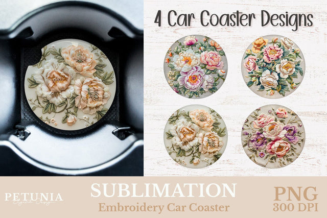 Embroidery Car Coaster PNG | Car Coaster Sublimation Designs Sublimation Petunia Digital Design 