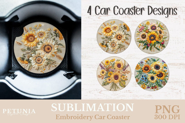 Embroidery Car Coaster PNG | Car Coaster Sublimation Designs Sublimation Petunia Digital Design 