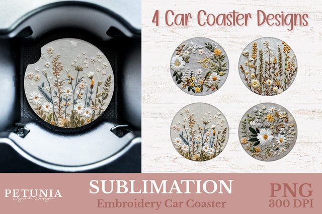 Embroidery Car Coaster PNG | Car Coaster Sublimation Designs Sublimation Petunia Digital Design 